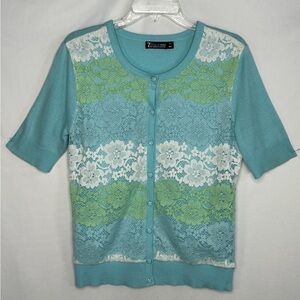 New York & Co. 7th Ave Design Studio Cardigan Blue Green White Lace Boho Sz M